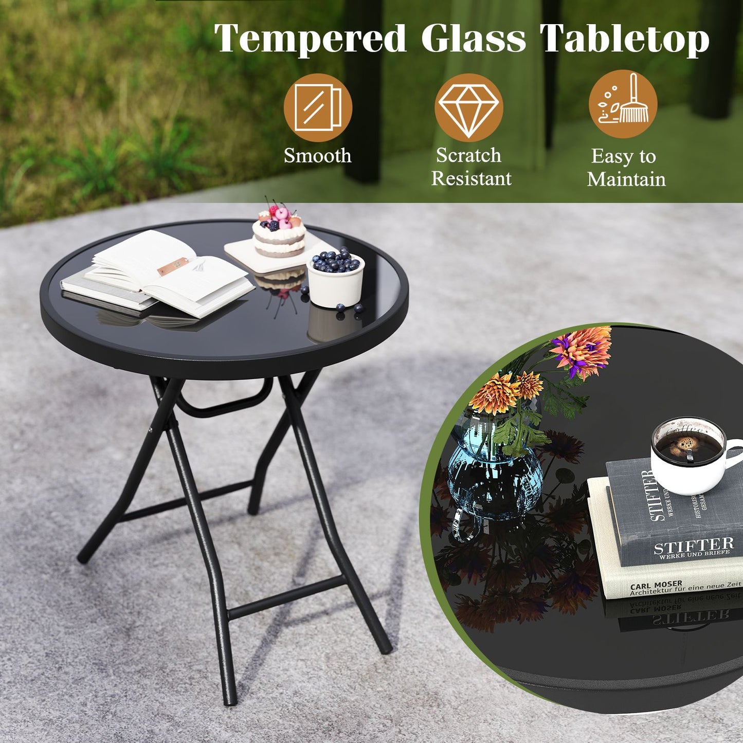Round Folding Patio Coffee Table with Tempered Glass Top