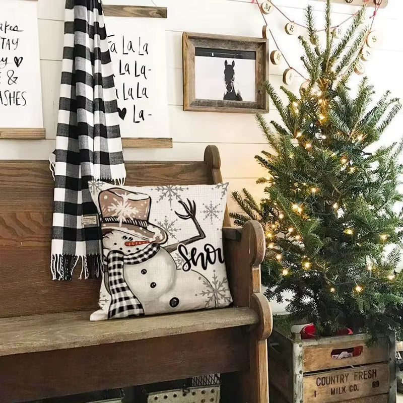Linen Christmas Pillow Cover - Festive Snowman & Elk Design for 2024 Holiday Home Decor - Perfect Sofa & Car Cushion Cover (45x45cm)