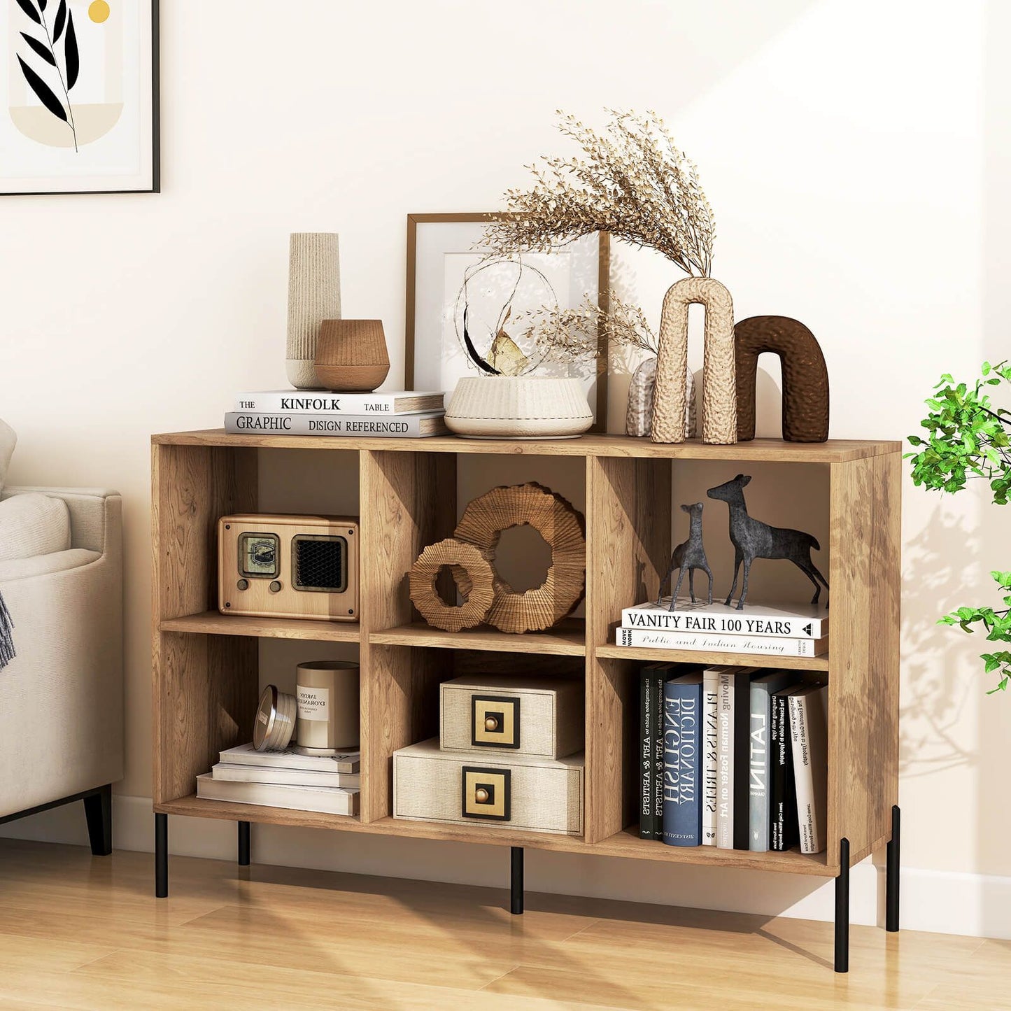 6-Cube Storage Bookcase Wooden Open Bookshelf with 5 Metal Legs