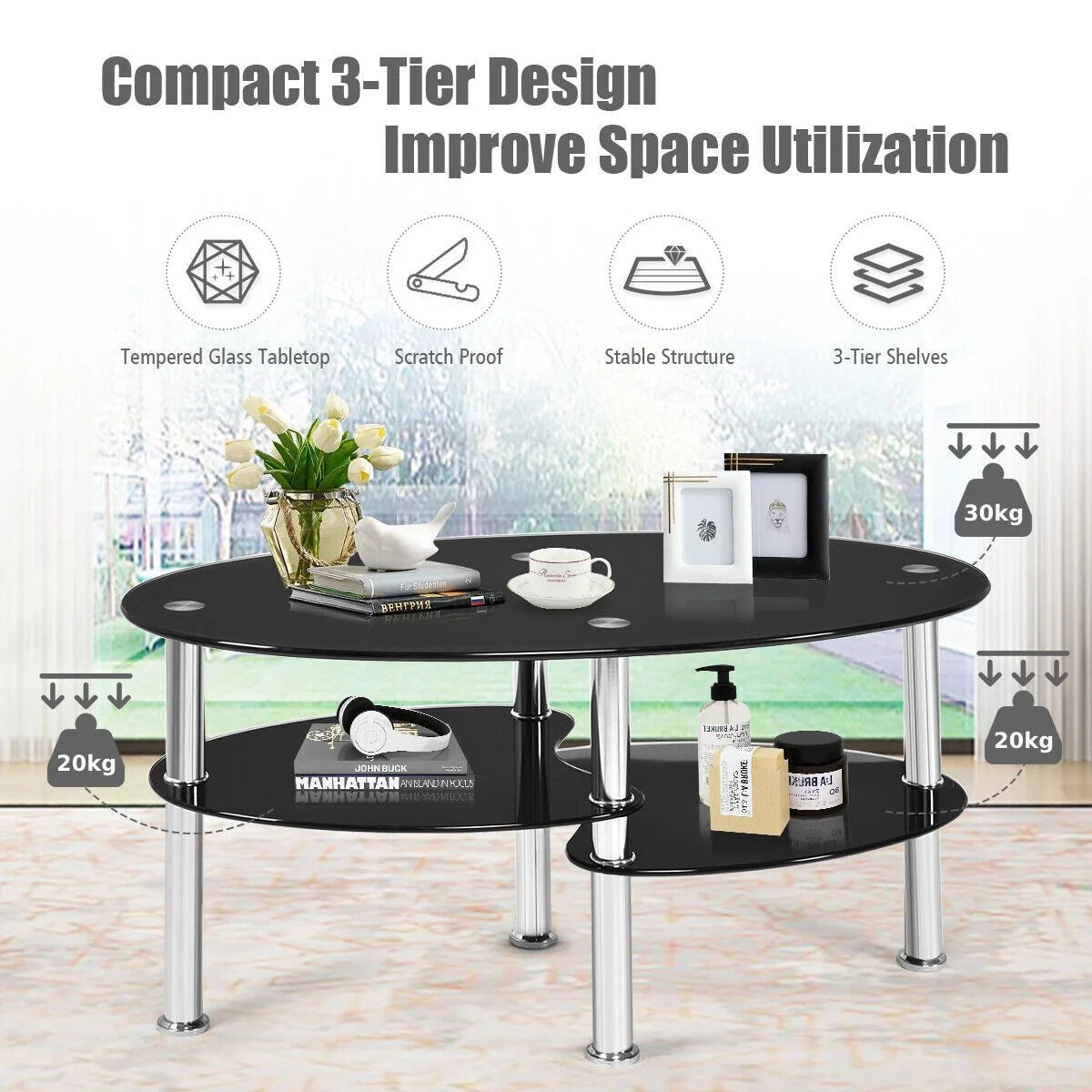 Three-Tier Tempered Glass Coffee Table with Two Shelves