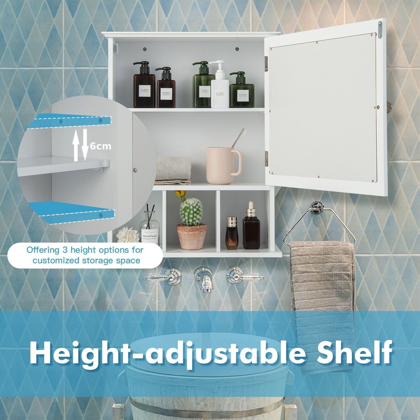 Mirror Door Bathroom Cabinet with Adjustable Shelf and 3 Compartments