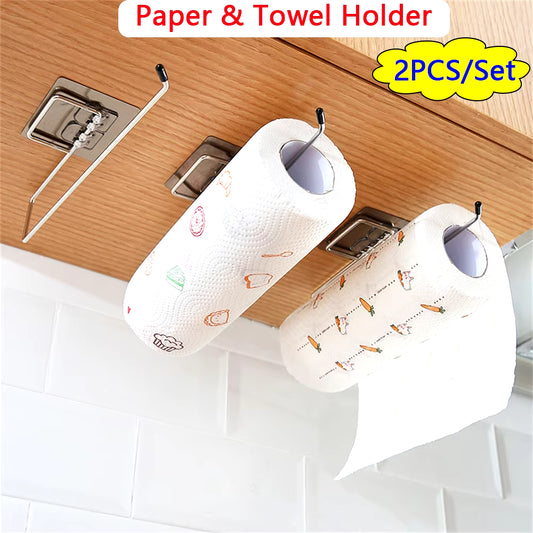2PCS Adhesive Kitchen Paper Towel Holder & Toilet Paper Rack - Stylish Tissue Dispenser & Napkin Storage Solution