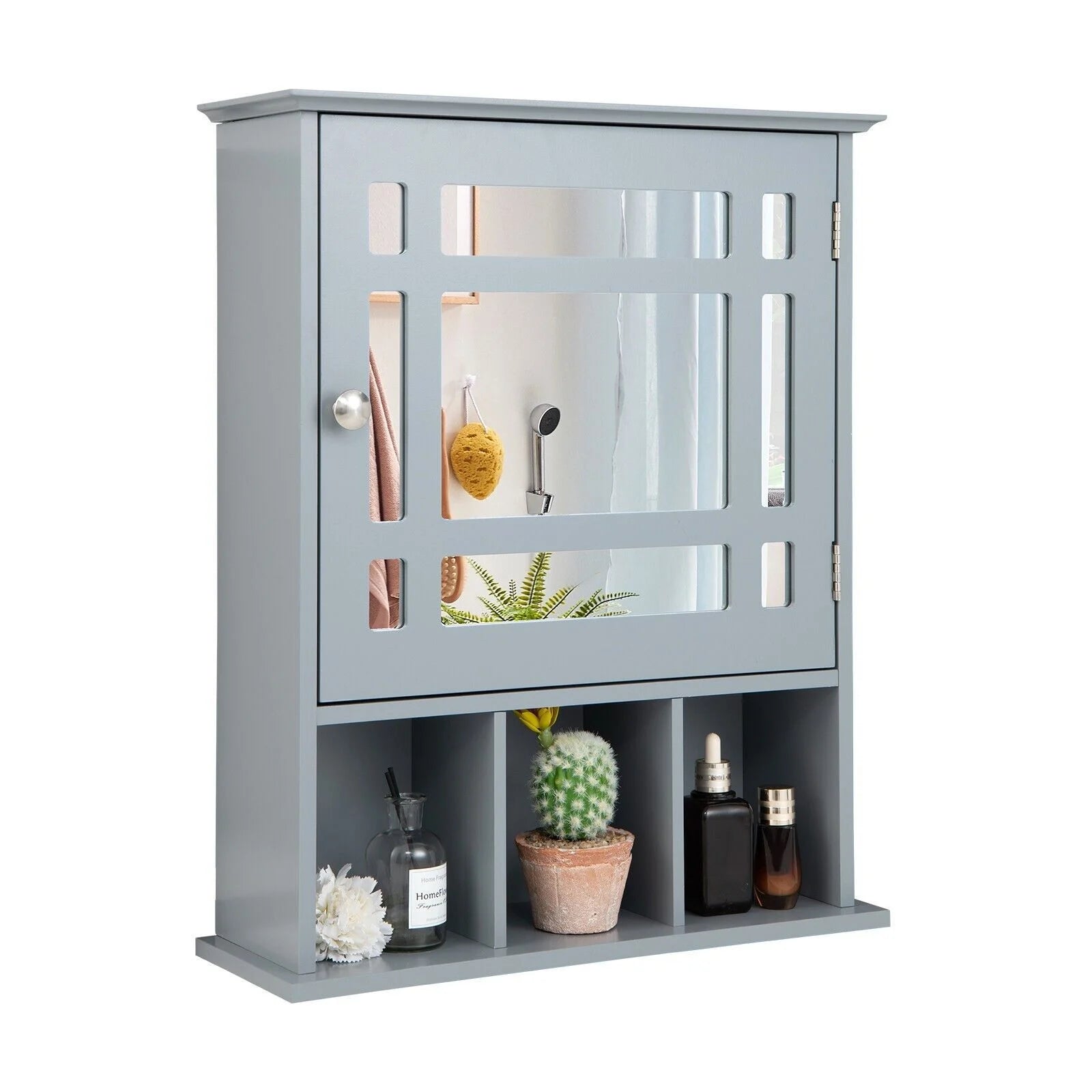 Mirror Door Bathroom Cabinet with Adjustable Shelf and 3 Compartments