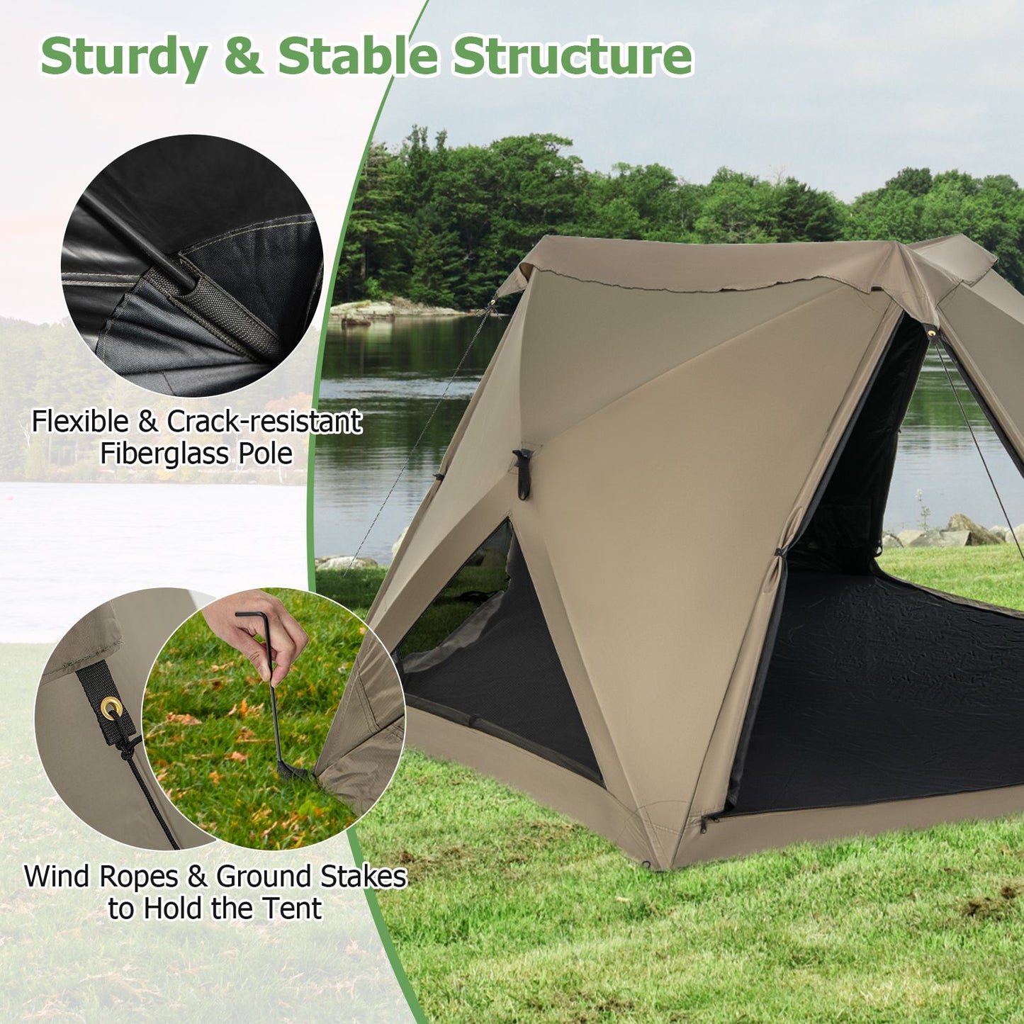 6-Sided Family Tent Featuring Rainfly, Skylight, Three Entrances, and Three Windows