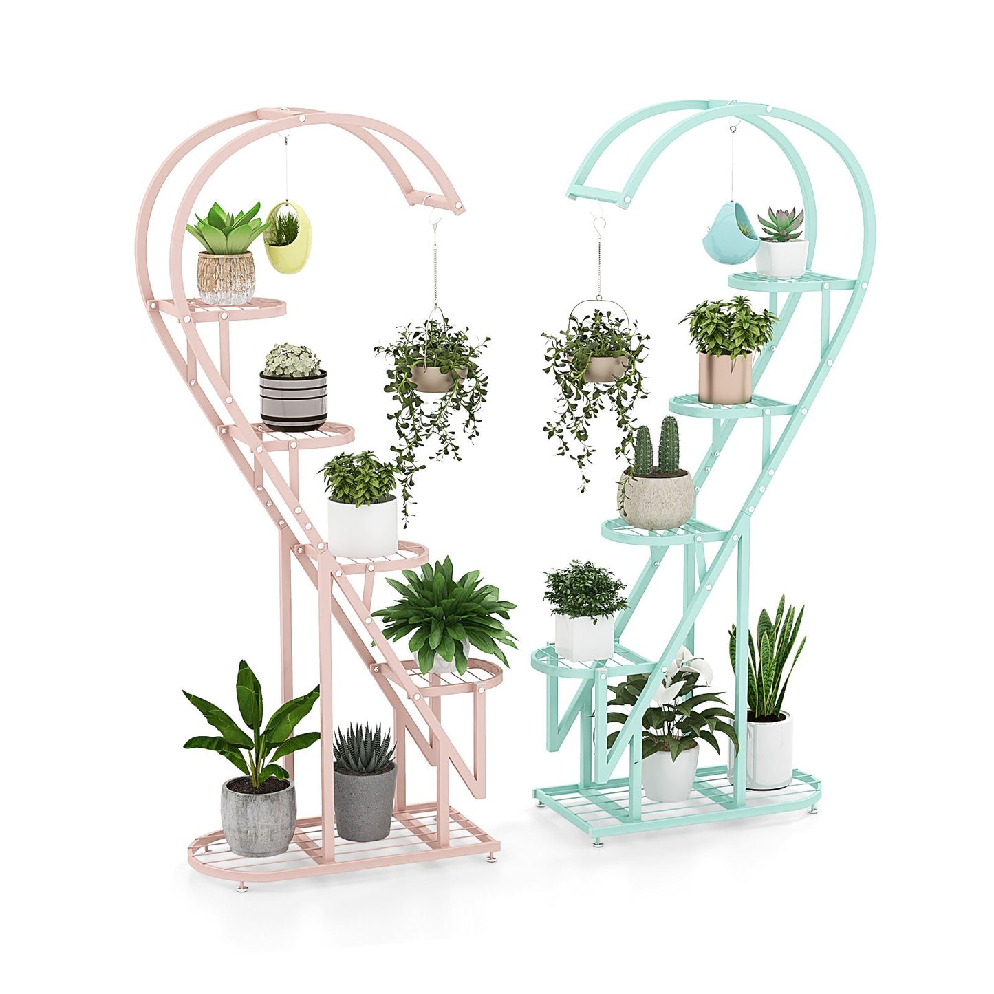 5-Tier Metal Heart-Shaped Plant Stand with Integrated Hanging Hooks