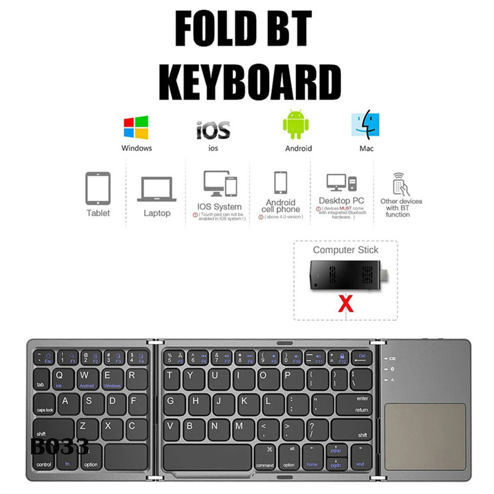 Compact Bluetooth Mini Wireless Keyboard with Touchpad - Triple Folding Design for Windows, Android, iOS, iPad, and Phones