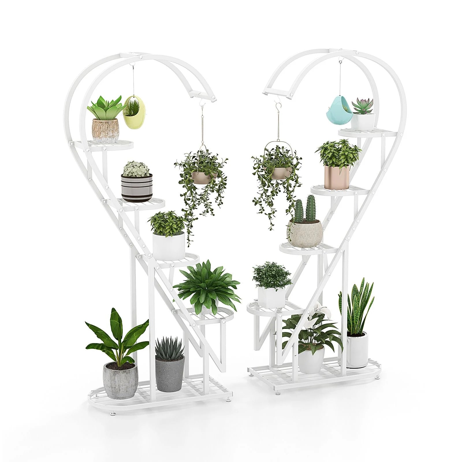 5-Tier Metal Heart-Shaped Plant Stand with Integrated Hanging Hooks