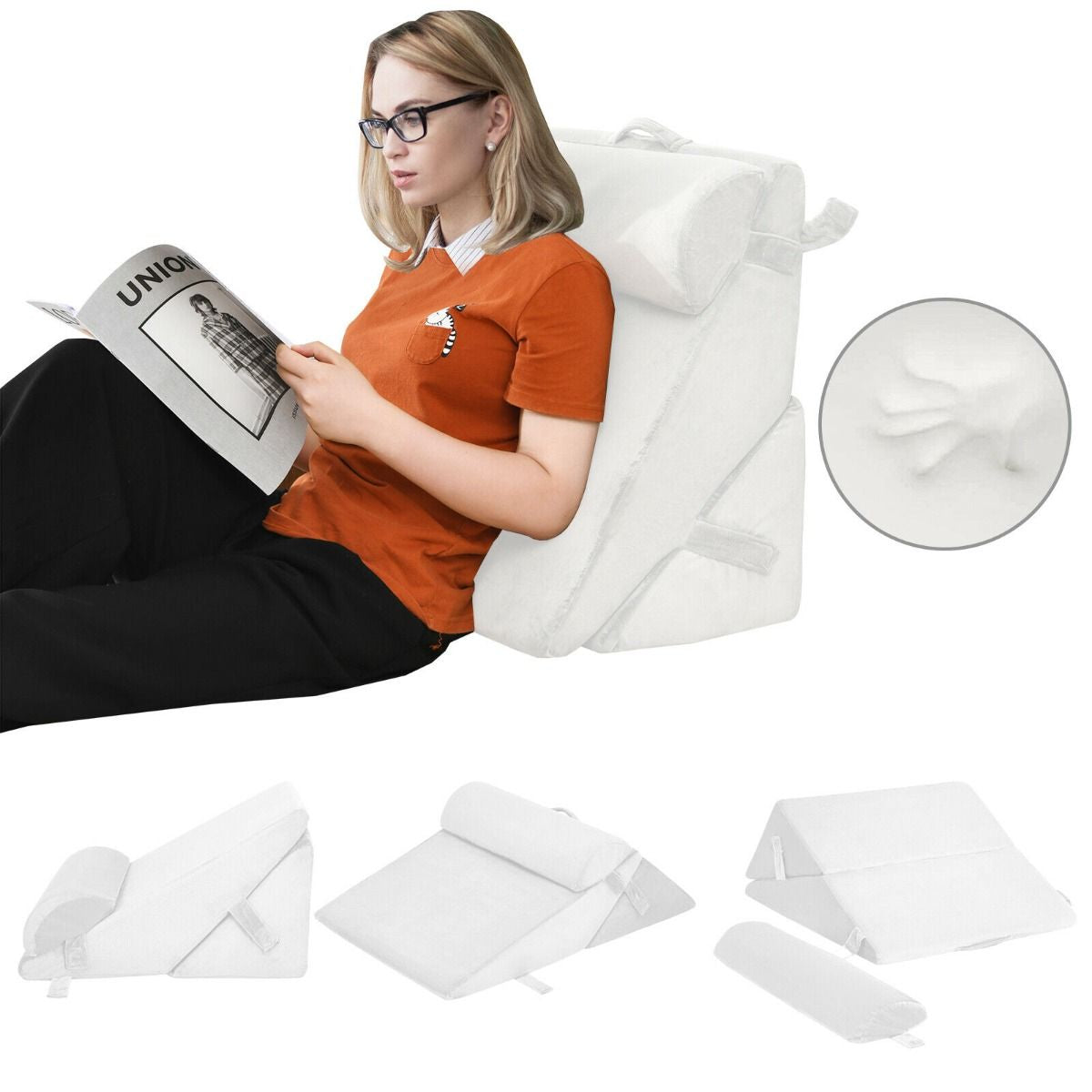 Elevated Bed Wedge Pillow with Headrest and Removable Washable Cover for Reading Comfort