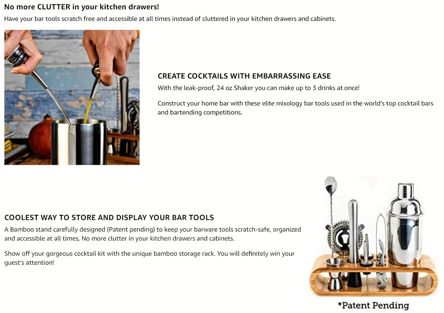 Heavy-Duty Stainless Cocktail Shaker Set & Bar Tools with Bamboo Stand