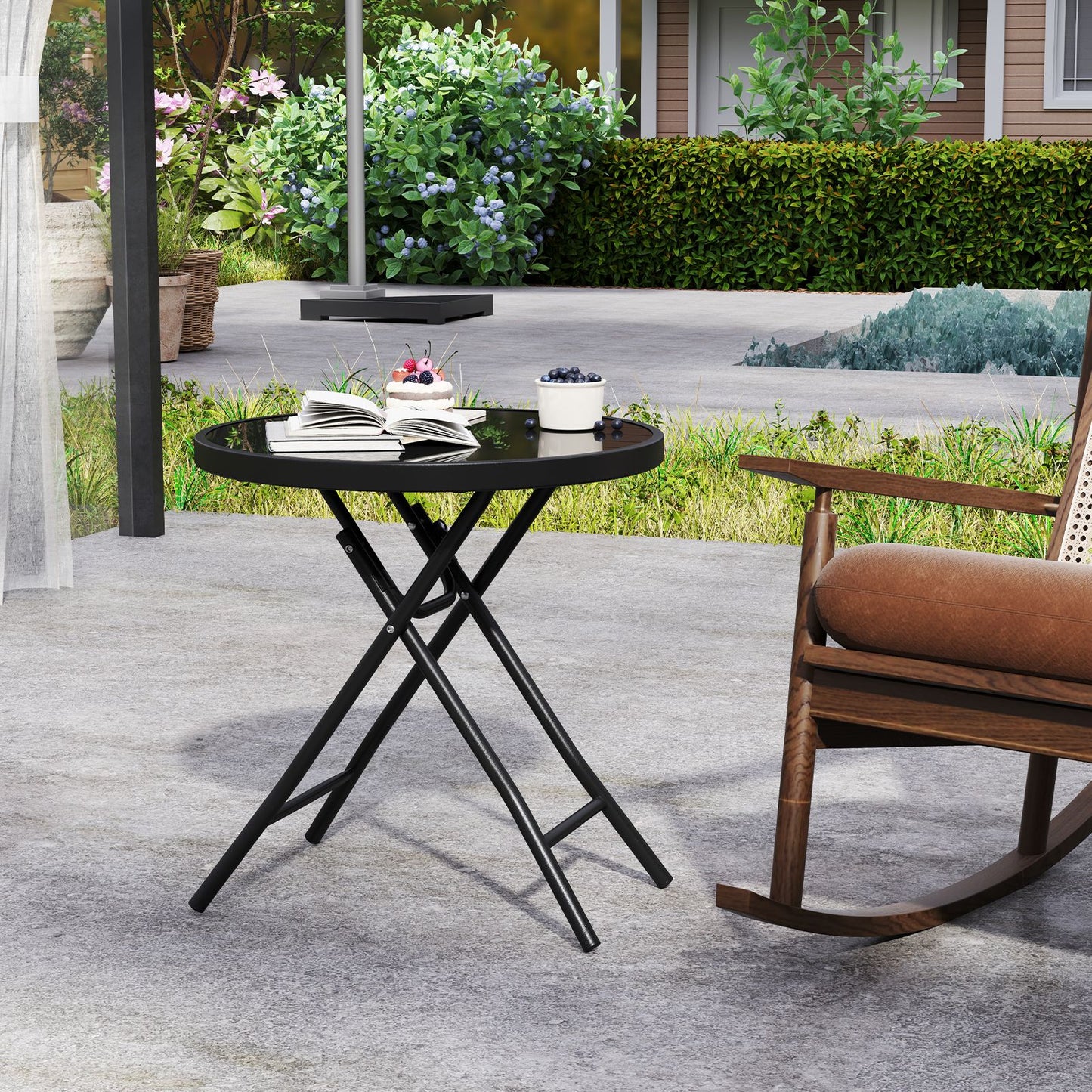 Round Folding Patio Coffee Table with Tempered Glass Top