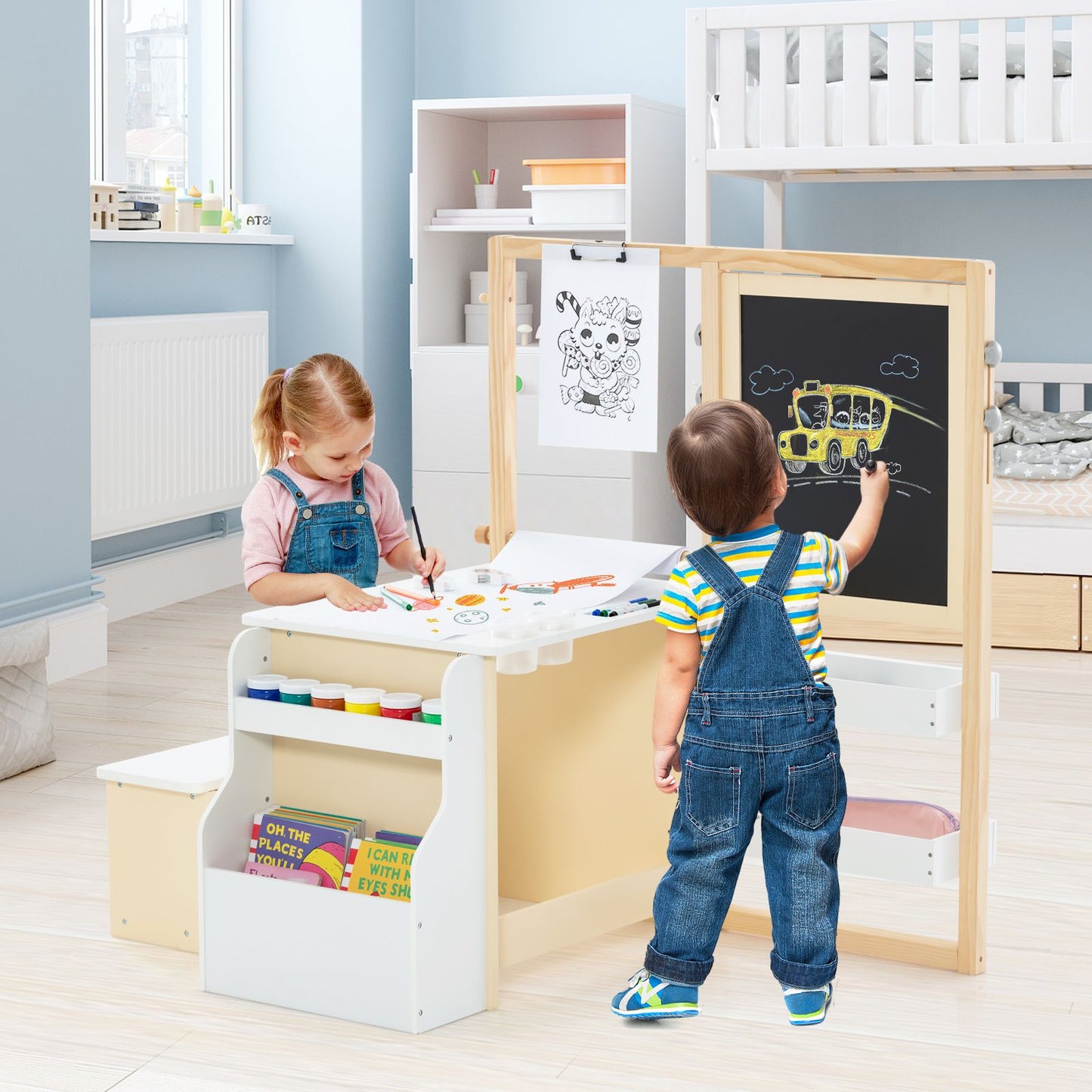 Delightful Children's Art Easel Table and Bench Set with Adjustable Easel and Integrated Bookshelf for Creative Play