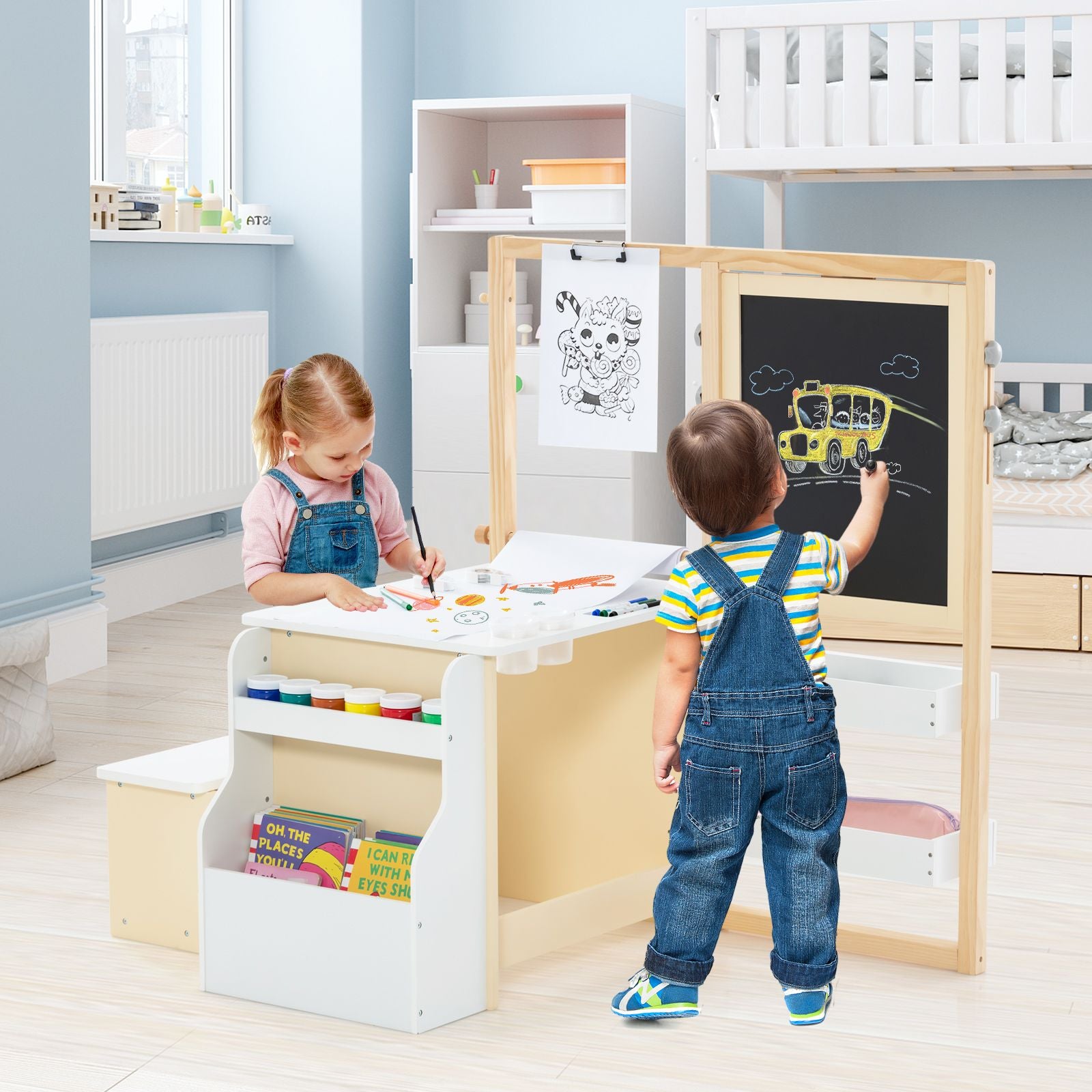 Delightful Children's Art Easel Table and Bench Set with Adjustable Easel and Integrated Bookshelf for Creative Play