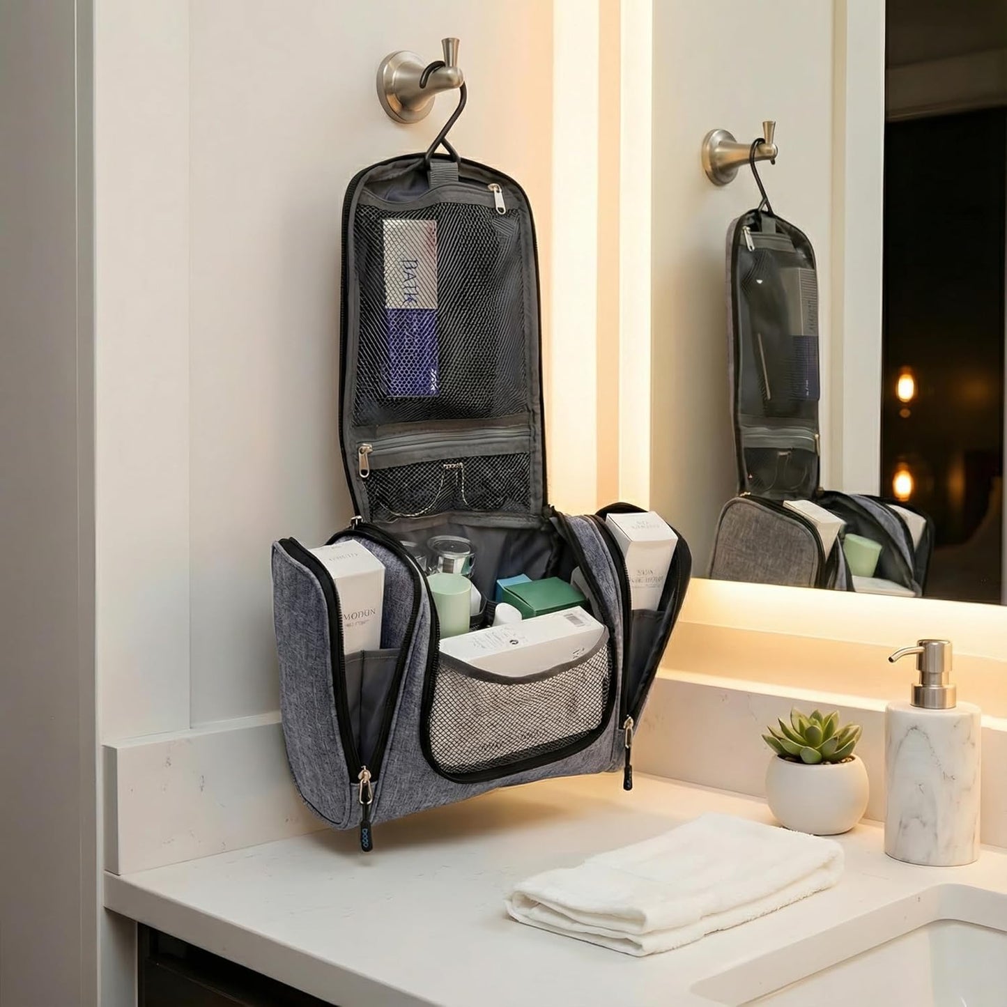 Large Waterproof Hanging Toiletry and Cosmetic Organizer - Travel Essential Accessory for Men and Women (Snowgray)