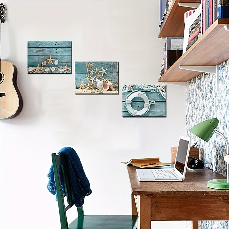 3pcs Starfish shell turquoise board canvas printing, beach nature picture canvas artwork