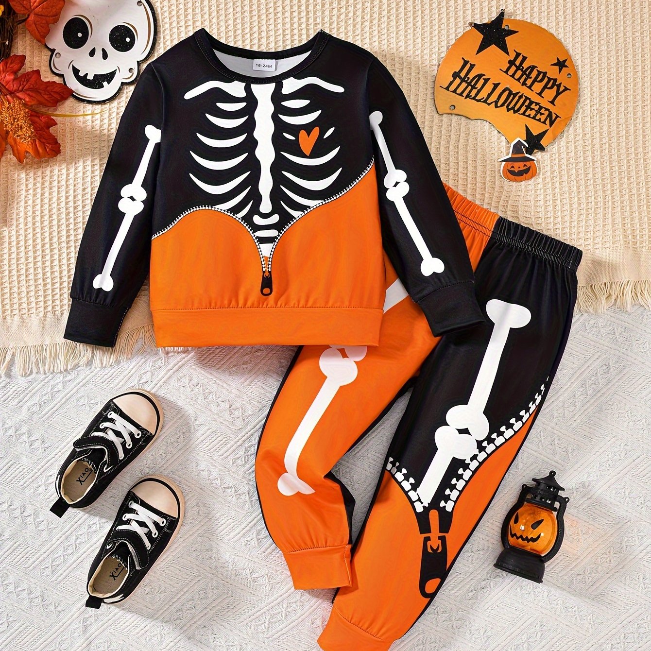 2pcs, Skeleton Pattern Toddler Boy's 2-Piece Sweatshirt & Sweatpants Set, Halloween Casual Outfits for Spring/Fall