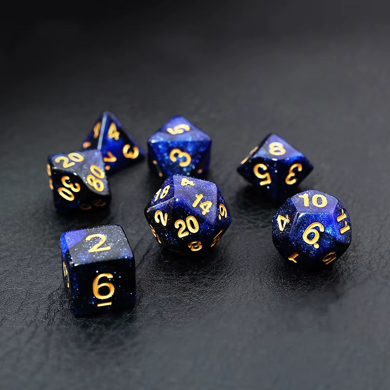 Elevate Your Gaming Experience with the 7-Piece Black and Blue Starry Sky D&D Dice Set - Perfect for Dungeons & Dragons and RPGs!