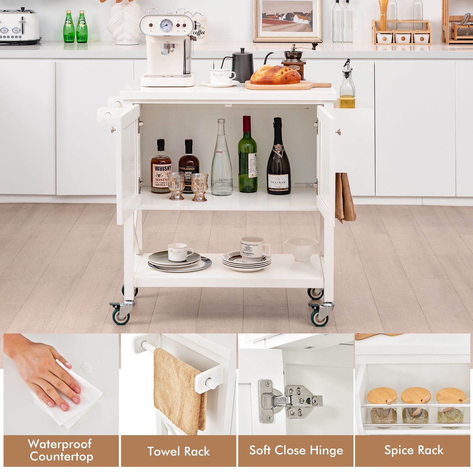Kitchen Cart with Storage Cabinet, Towel Rack, and Spice Rack