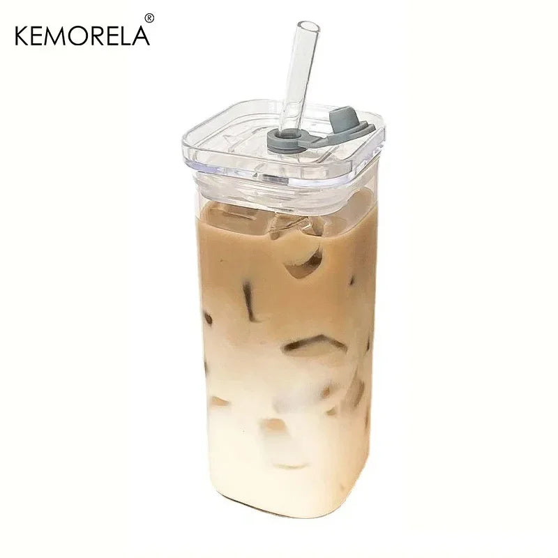  Square Heat Resistant Coffee Glass Cup with Lid and Straw Transparent Milk Tea Juice Cup Coffee Mug for Home Bar Drinkware