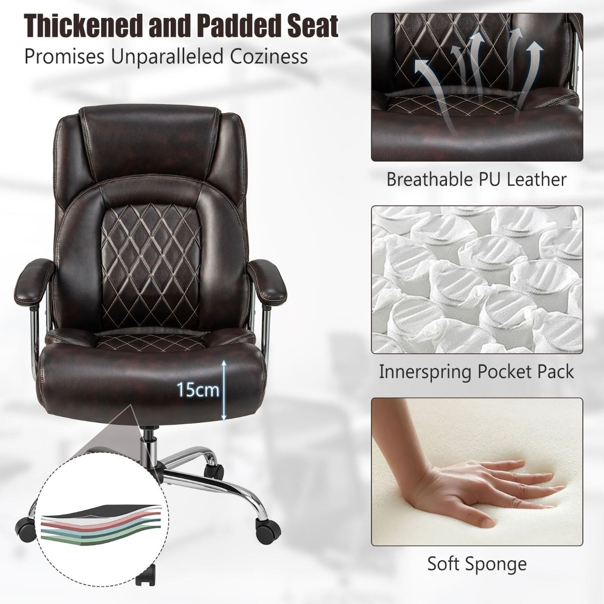 Executive Leather Office Chair with Rocking Functionality and Armrests