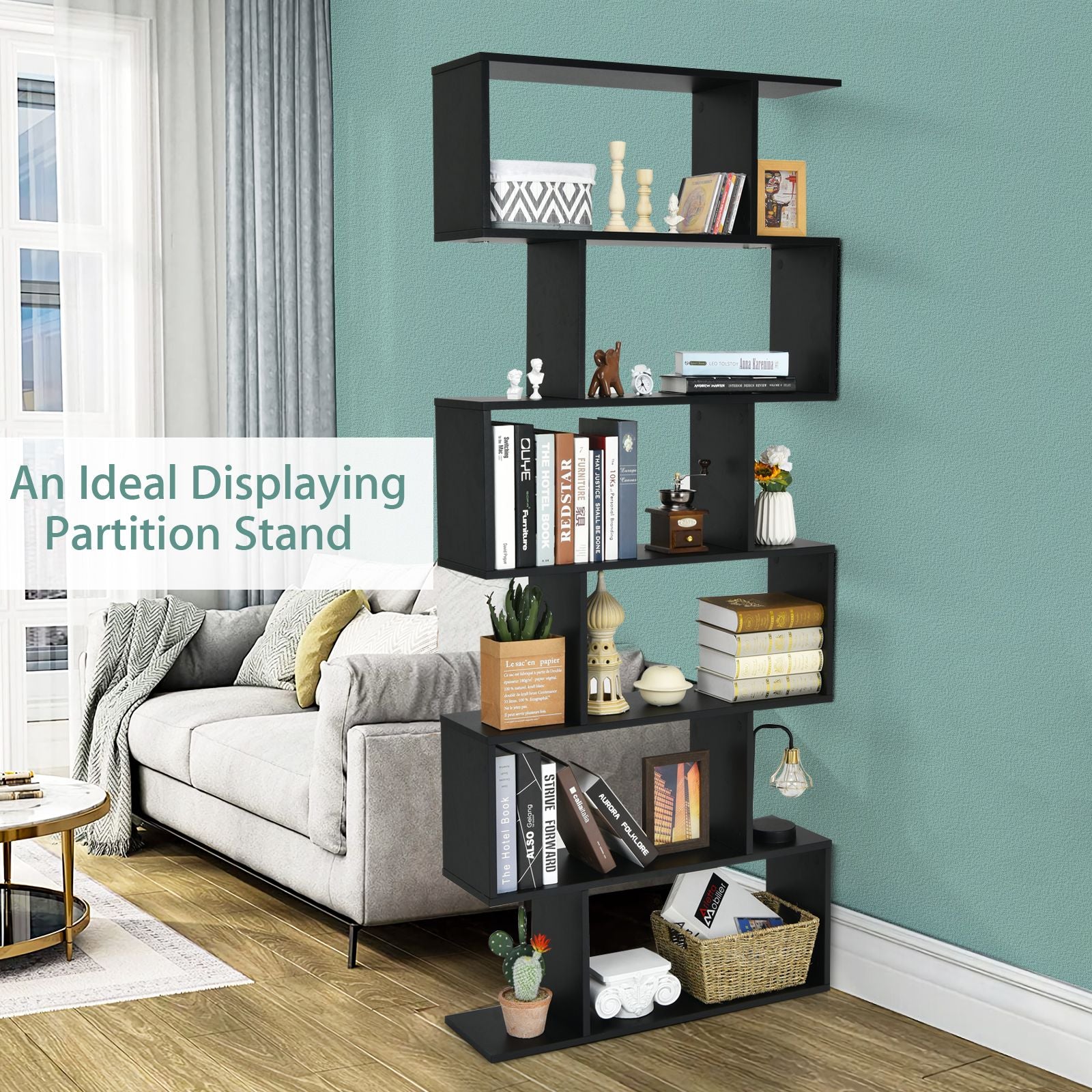 6-Tier S-Shaped Wooden Industrial Bookshelf