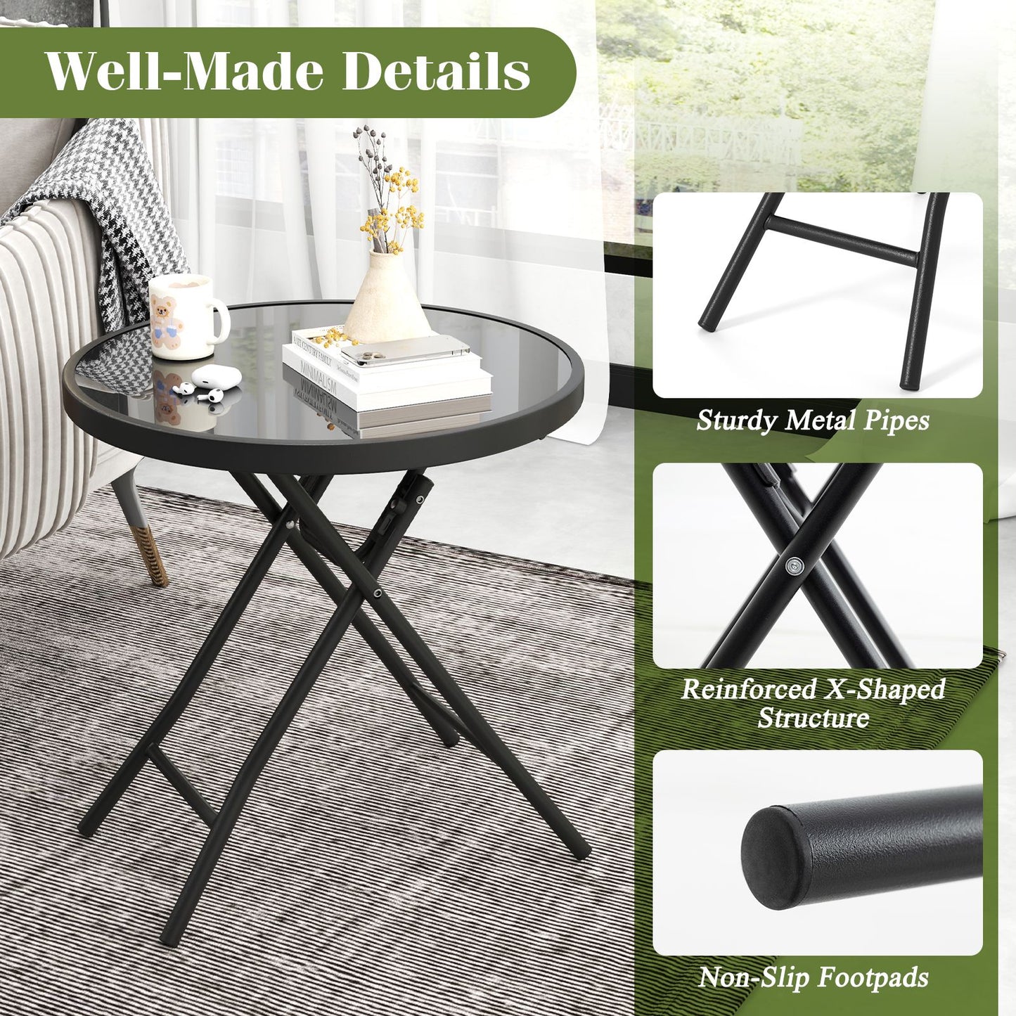Round Folding Patio Coffee Table with Tempered Glass Top