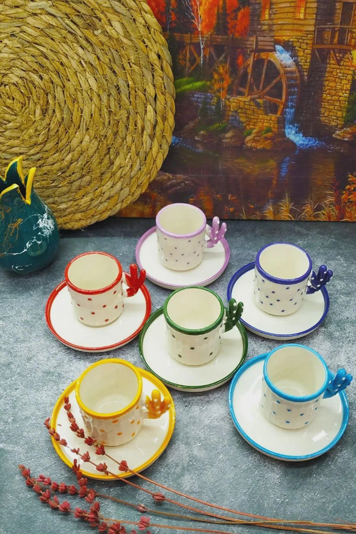 Handmade Cactus Turkish Coffee Cup Set for 6 with Boho Cactus Turkish Coffee Design