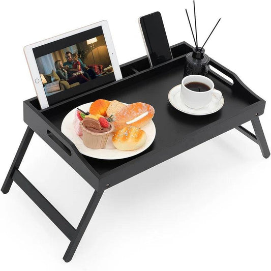 Medich Breakfast Tray Bamboo Bed Tray Table with Foldable Legs Multipurpose Lap Tray (Black)