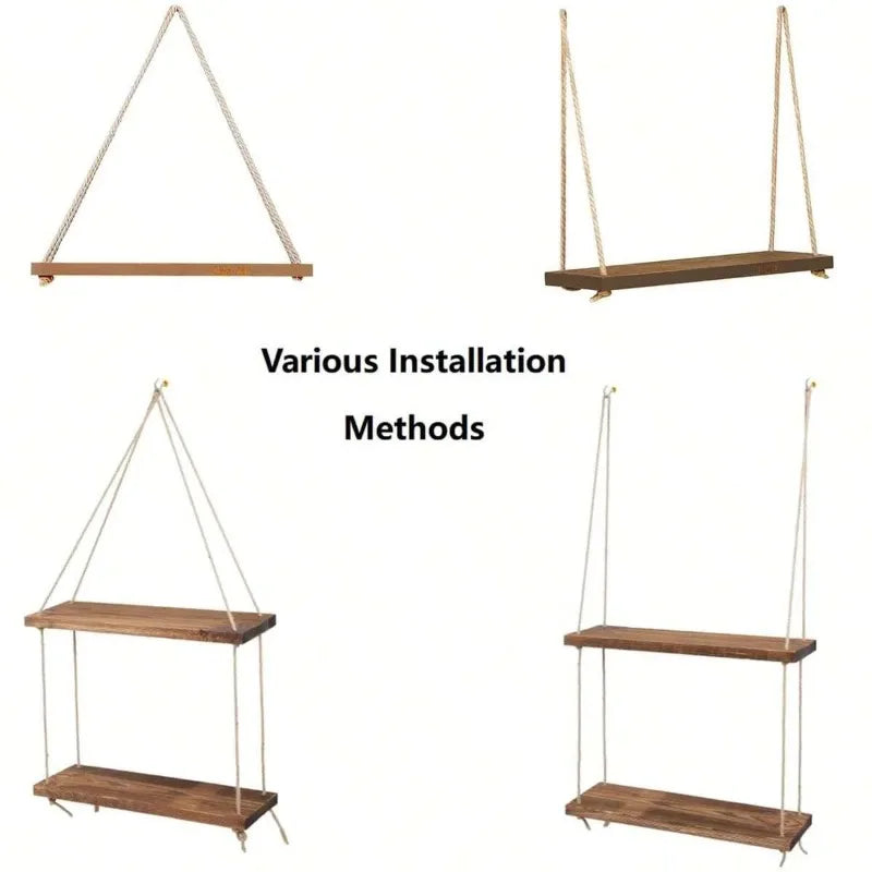 Stylish Wooden Swing Wall Shelf with Hemp Rope - Perfect for Plants, Flowers, and Home Decor
