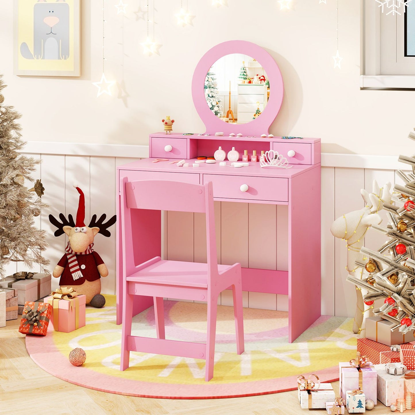 Children's Vanity Set Featuring Open Shelf and Four Storage Drawers