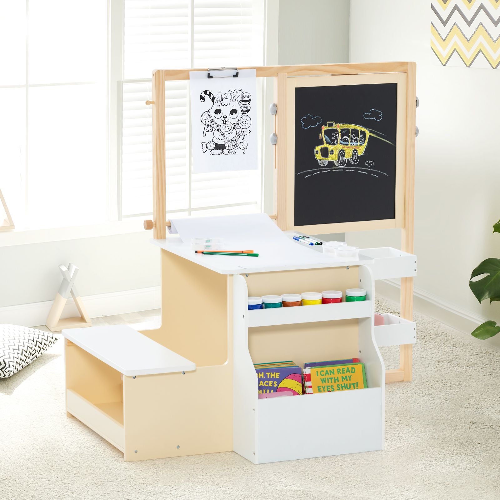 Delightful Children's Art Easel Table and Bench Set with Adjustable Easel and Integrated Bookshelf for Creative Play
