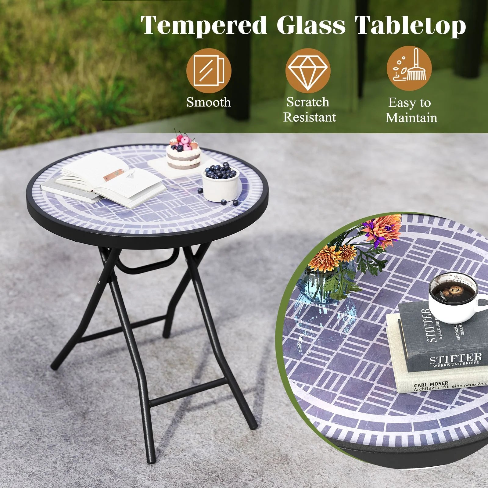 Round Folding Patio Coffee Table with Tempered Glass Top