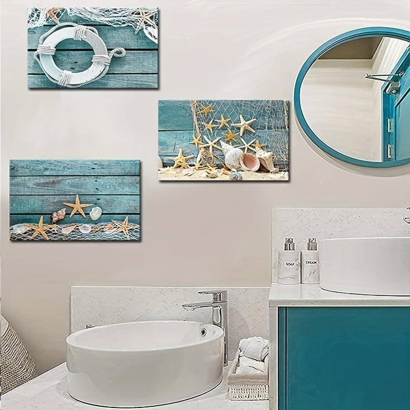 3pcs Starfish shell turquoise board canvas printing, beach nature picture canvas artwork