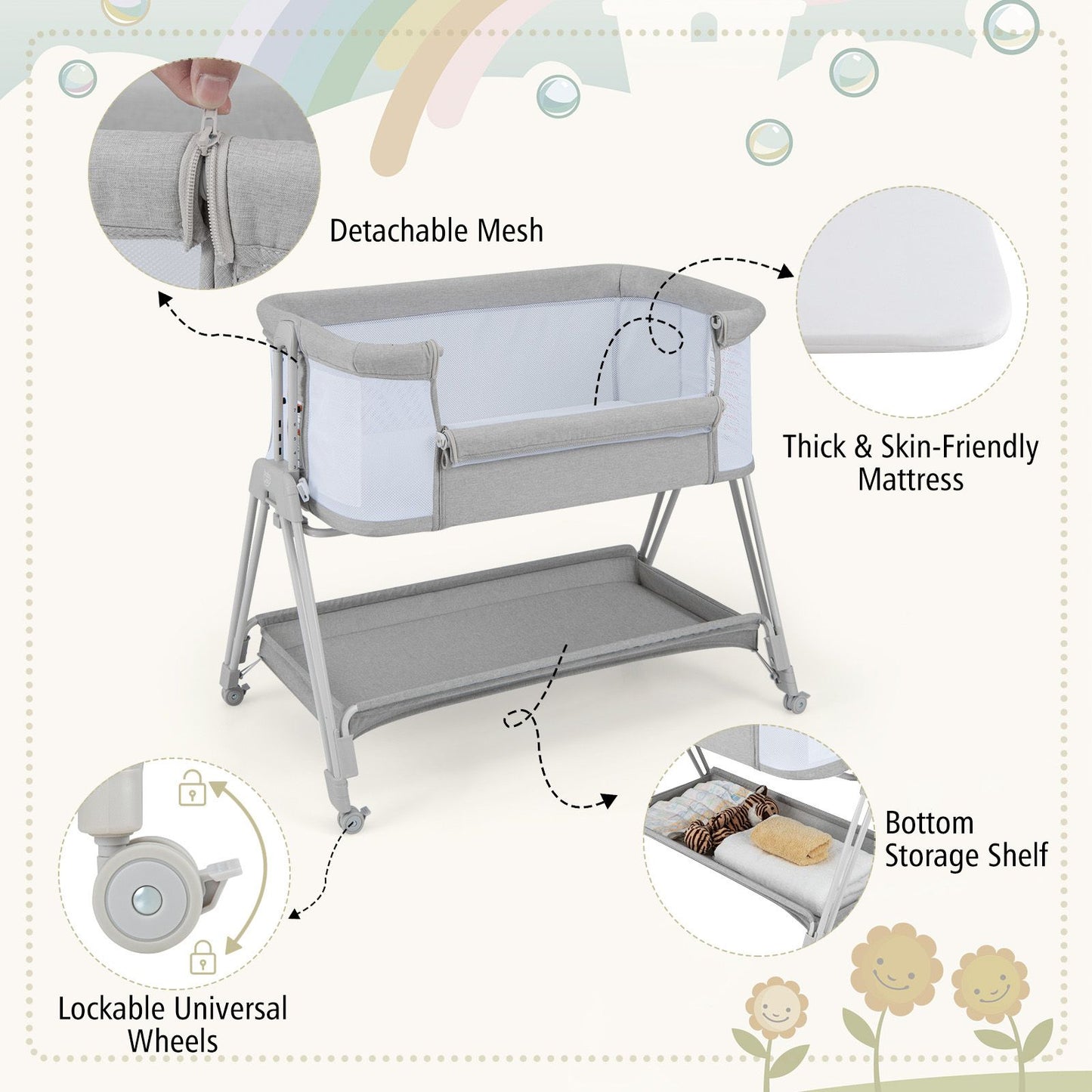Infant Bedside Crib with Mattress for Newborns up to 9kg
