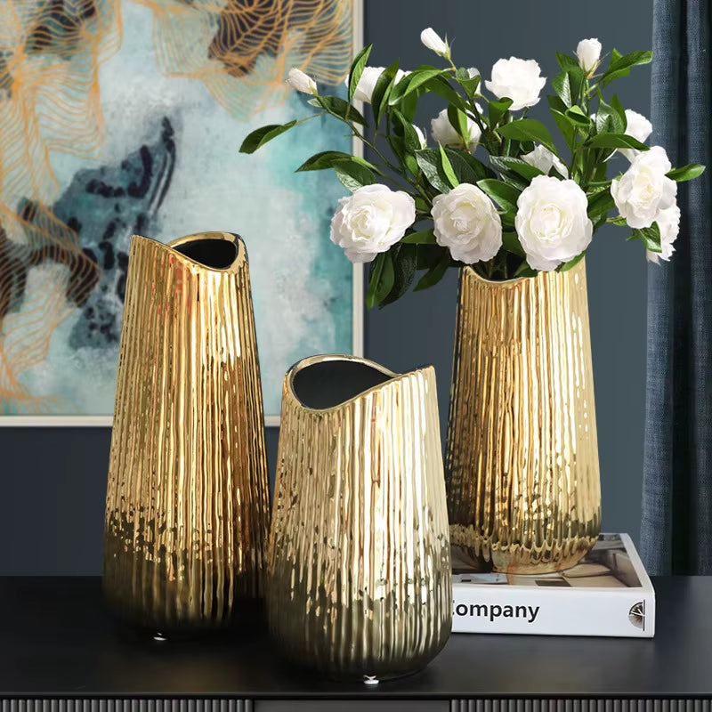 Golden Ceramic Vase Home Decor Flower Arrangement Vase Living Room Decor Modern Wedding Decoration Ceramic Vases Gifts