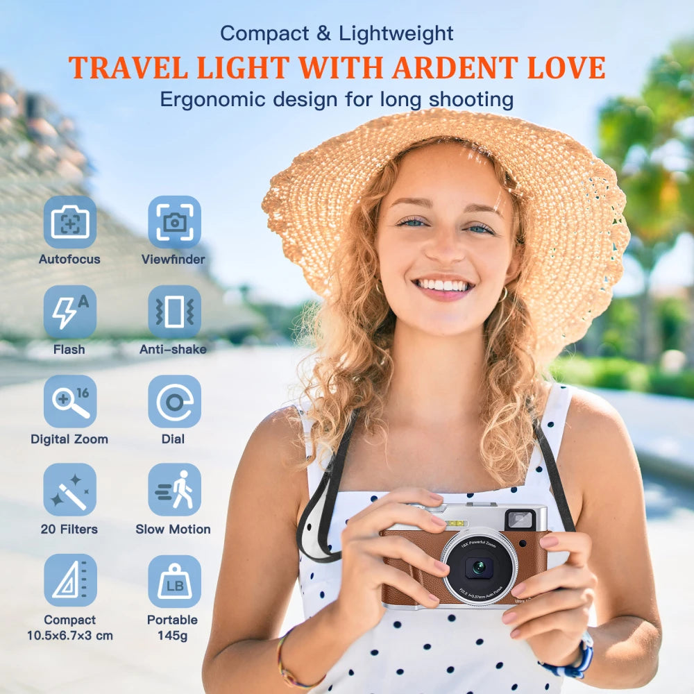 Capture Stunning Moments: 4K Auto Focus 48MP Vlogging Camera with Anti-Shake & Viewfinder - Perfect for YouTube (Brown)