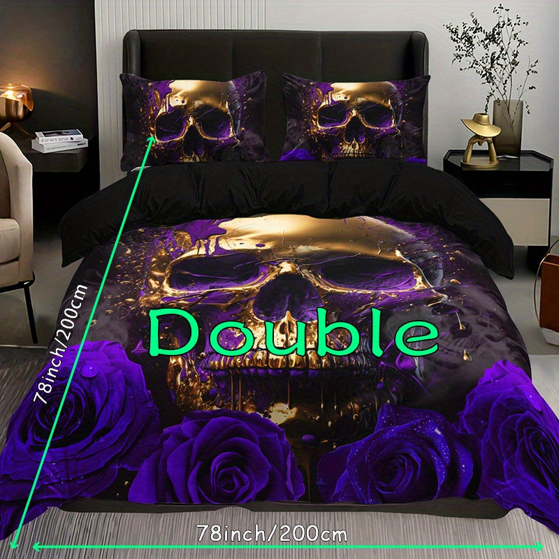 3pcs Soft Purple Rose Skull Pattern Breathable Duvet Cover Set for Bedroom, Guest Room, and Dorm Decor - Includes 1 Duvet Cover and 2 Pillowcases (Core Not Included) For Halloween