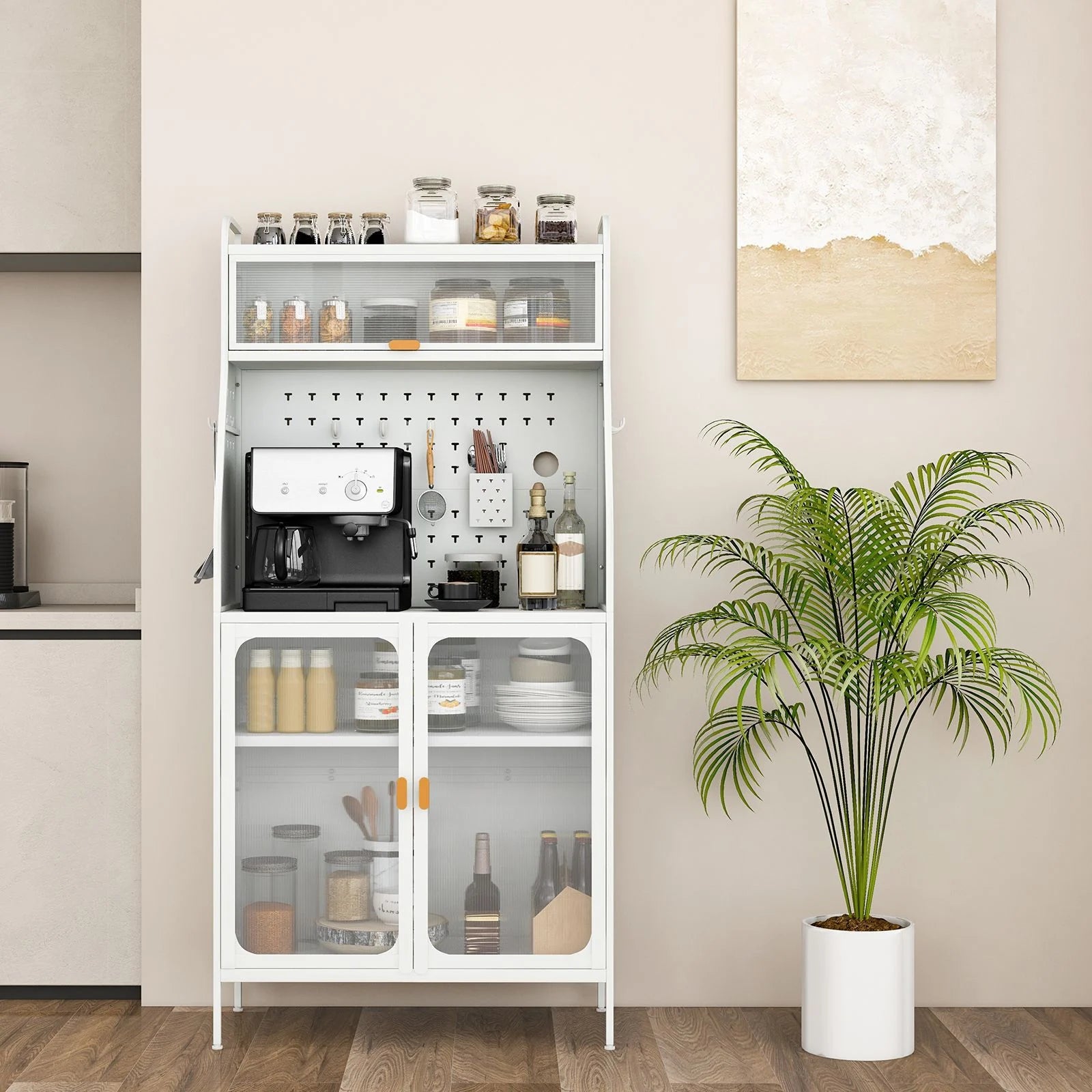 Freestanding Kitchen Pantry Storage Cabinet with Integrated Pegboard Baker Rack