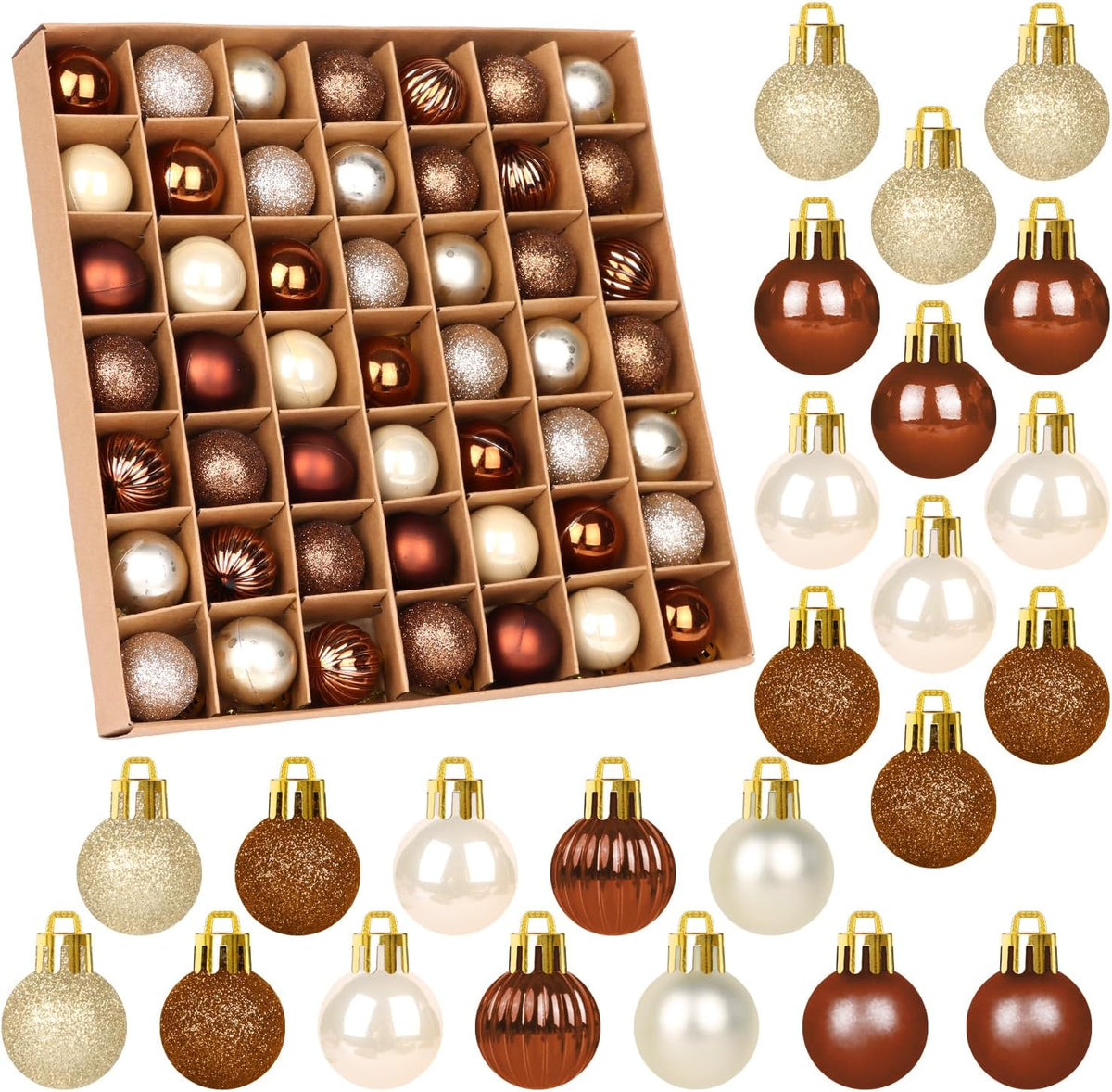 Mini Christmas Baubles Set, 49 Pieces 3cm Glittering Copper and Silver Ornaments for Holiday Tree Decoration