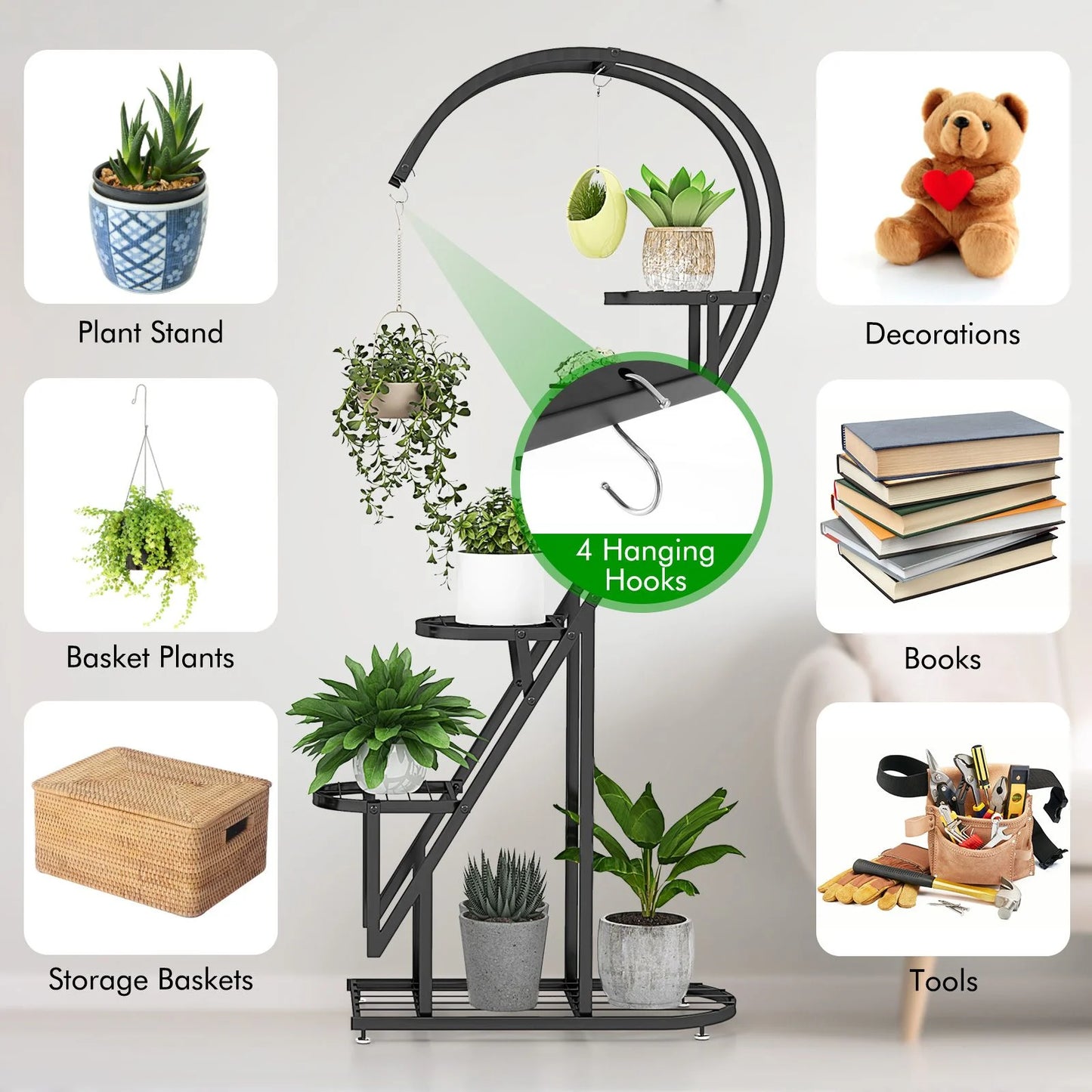 5-Tier Metal Heart-Shaped Plant Stand with Integrated Hanging Hooks