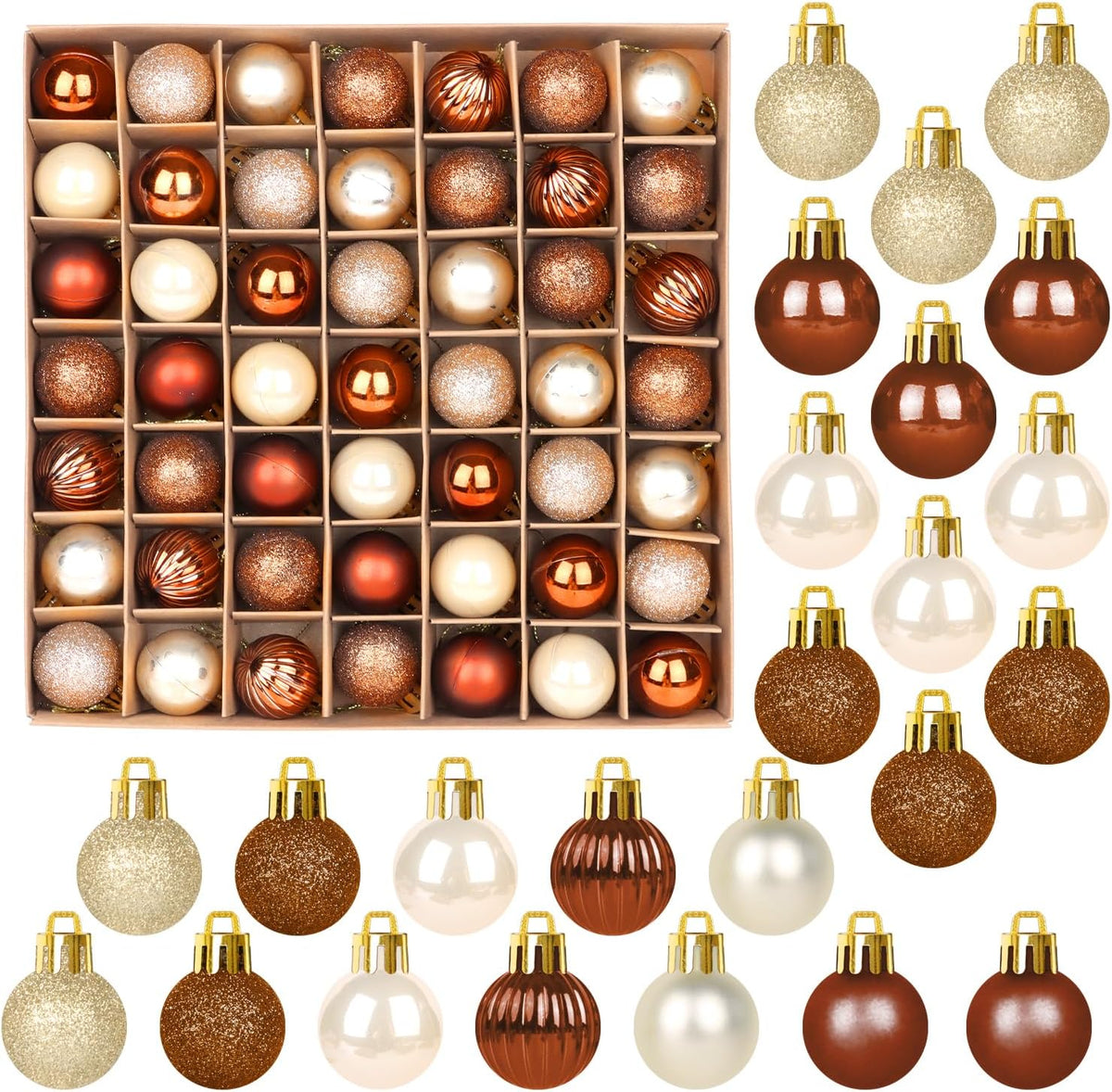 Mini Christmas Baubles Set, 49 Pieces 3cm Glittering Copper and Silver Ornaments for Holiday Tree Decoration