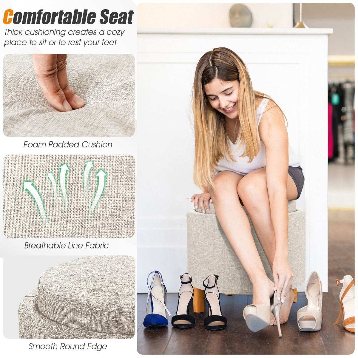 Contemporary Round Padded Ottoman with Concealed Storage Compartment
