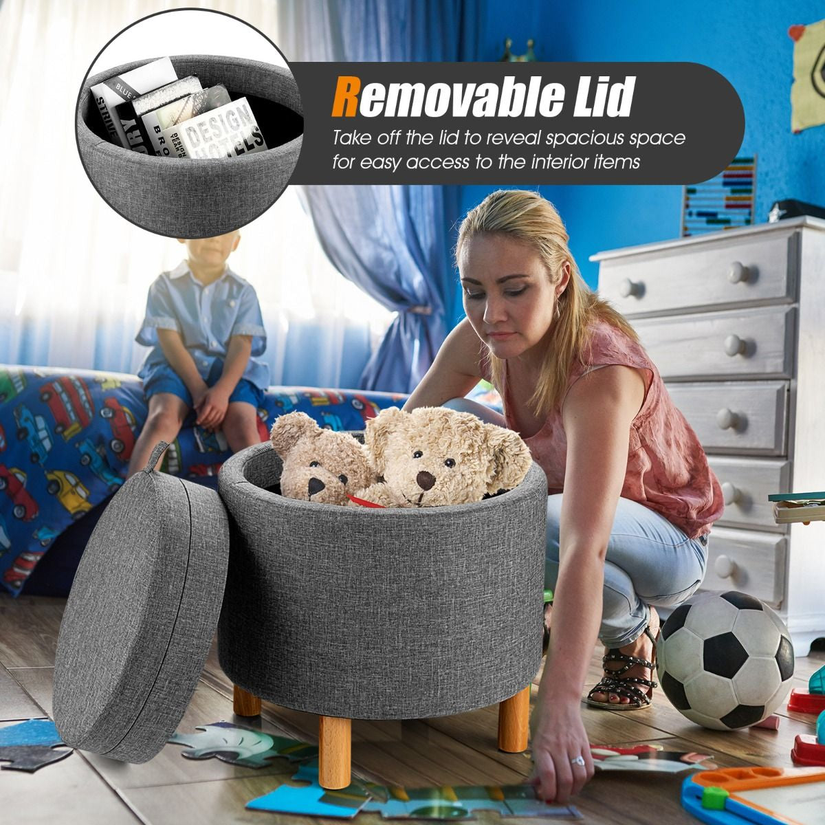Contemporary Round Padded Ottoman with Concealed Storage Compartment