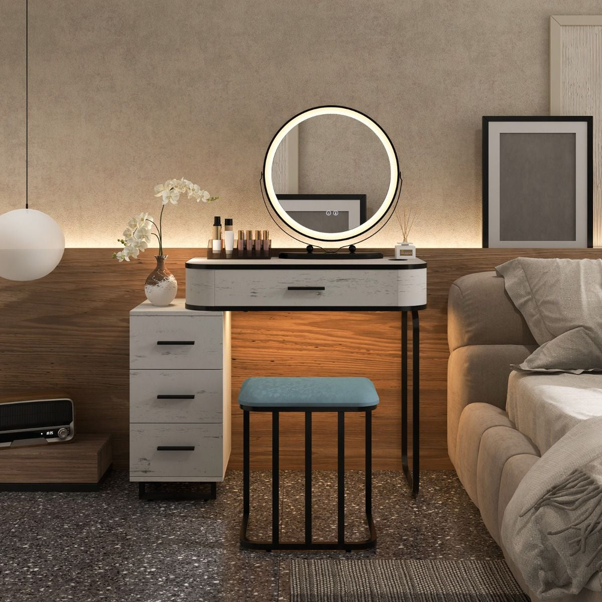 Vanity Table and Stool Set with Adjustable 3-Color Touch Screen Lighted Swivel Mirror