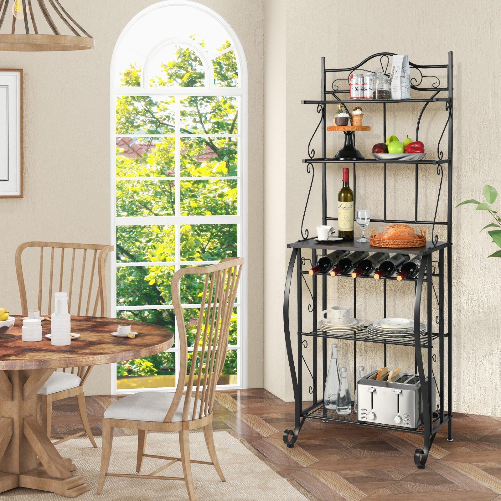 5-Tier Freestanding Baker's Rack with Integrated Wine Rack and Adjustable Feet
