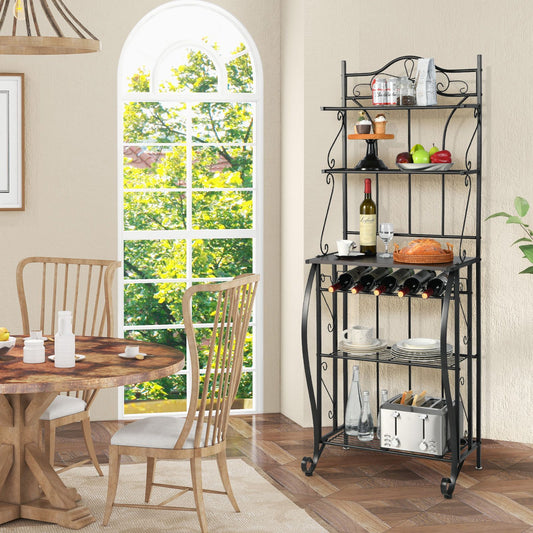 5-Tier Freestanding Baker's Rack with Integrated Wine Rack and Adjustable Feet