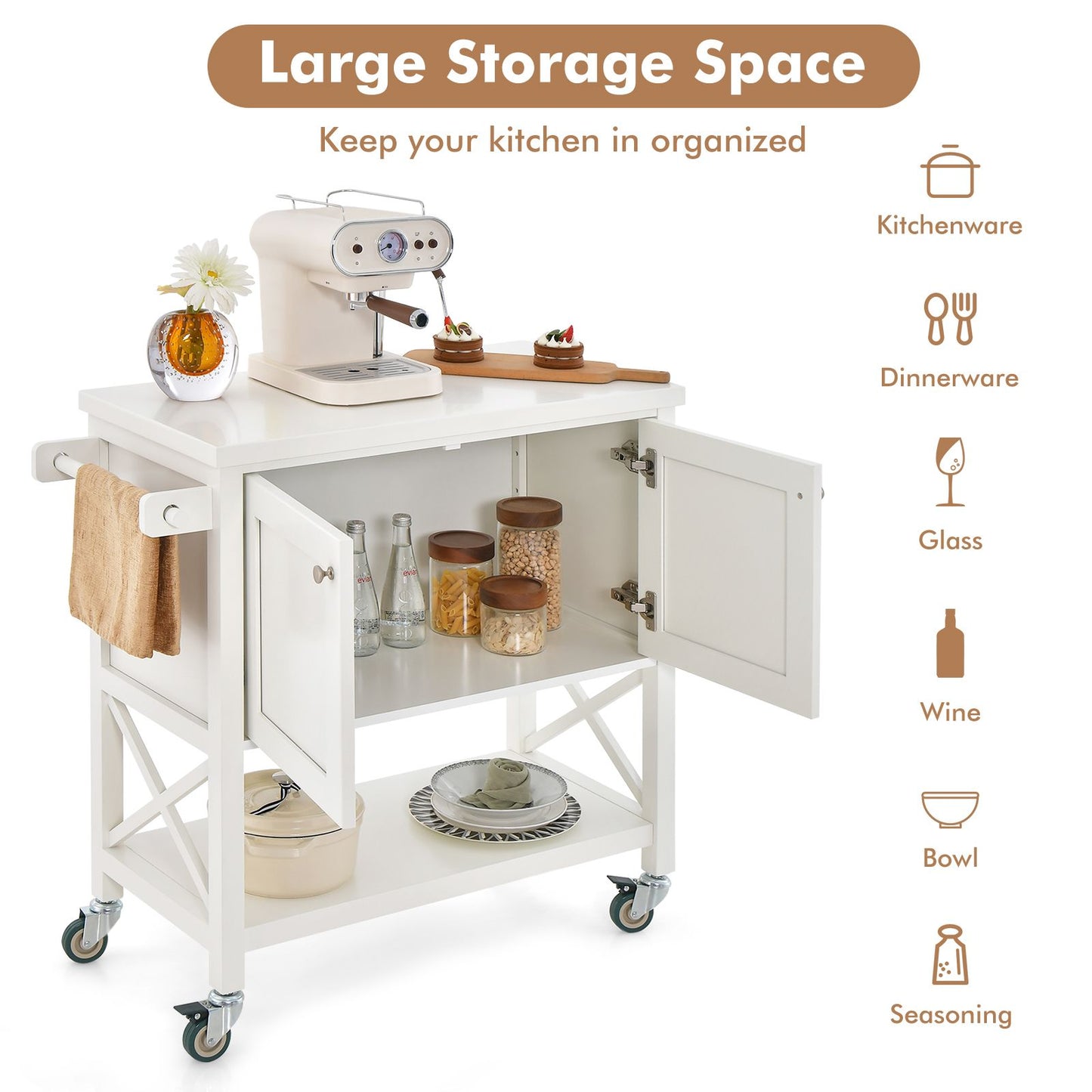 Kitchen Cart with Storage Cabinet, Towel Rack, and Spice Rack