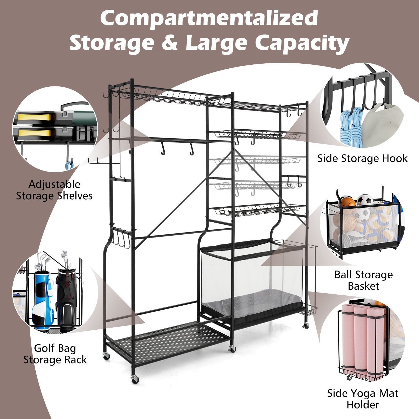 Metal Sports Equipment Organizer with Adjustable Shelving for Ball Storage