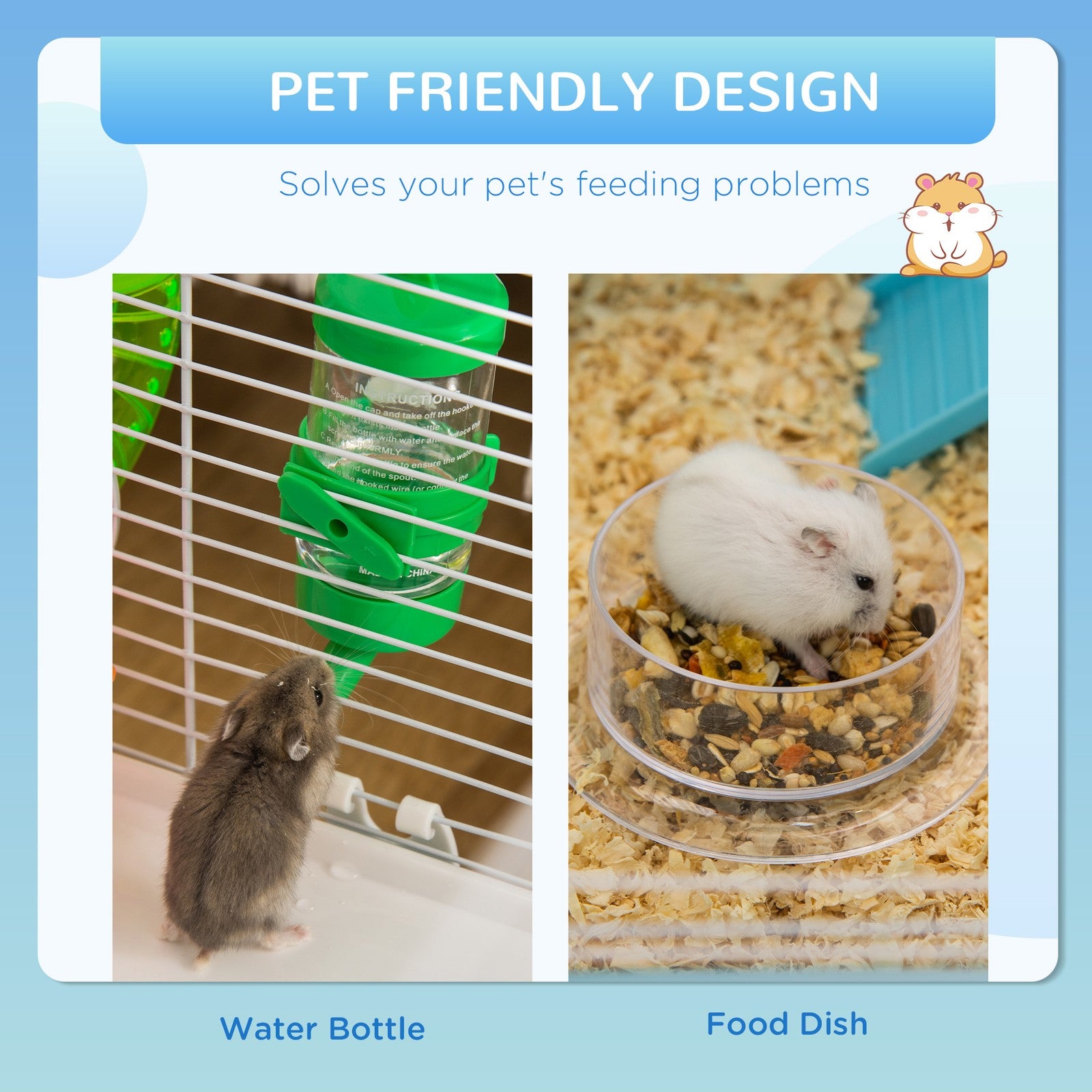 Blue Hamster Cage with Fun Tubes, Exercise Wheel, Water Bottle, and Food Dish