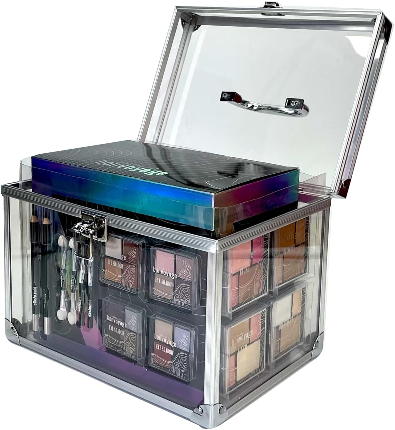 Professional Makeup Kit: Lipstick, Eyeshadows, Blush, Manicure and Pedicure Set in a Portable Transparent Case - Colour Delights