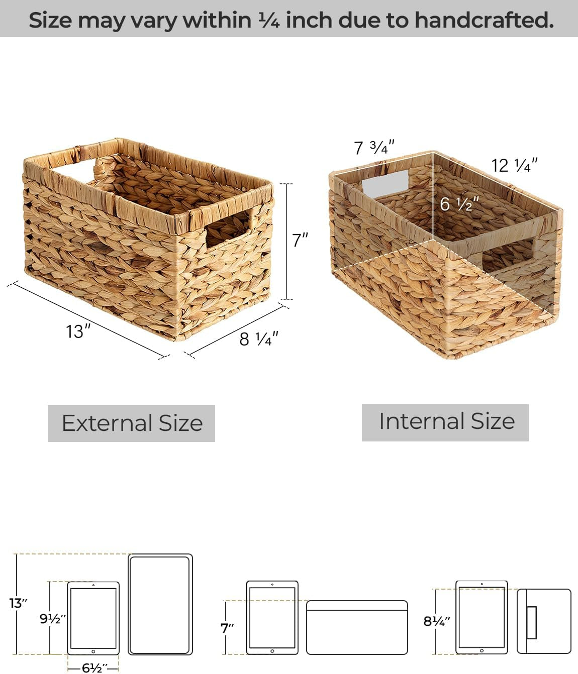 Stylish Wicker Storage Baskets - 2-Pack Large Rectangular Baskets with Handles for Pantry and Bathroom Organization, Natural Water Hyacinth